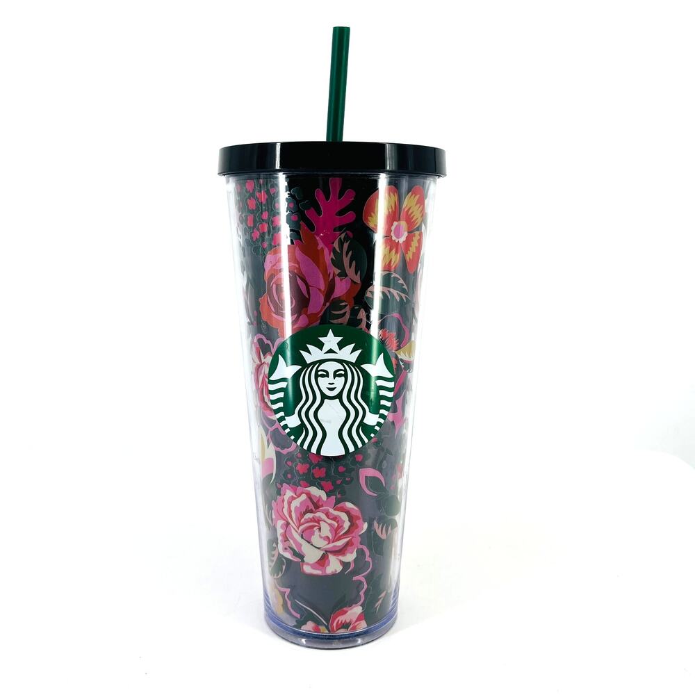 Starbucks X Ban.do Floral Rose Cold Cup Tumbler 24 oz Black Pink Straw Travel